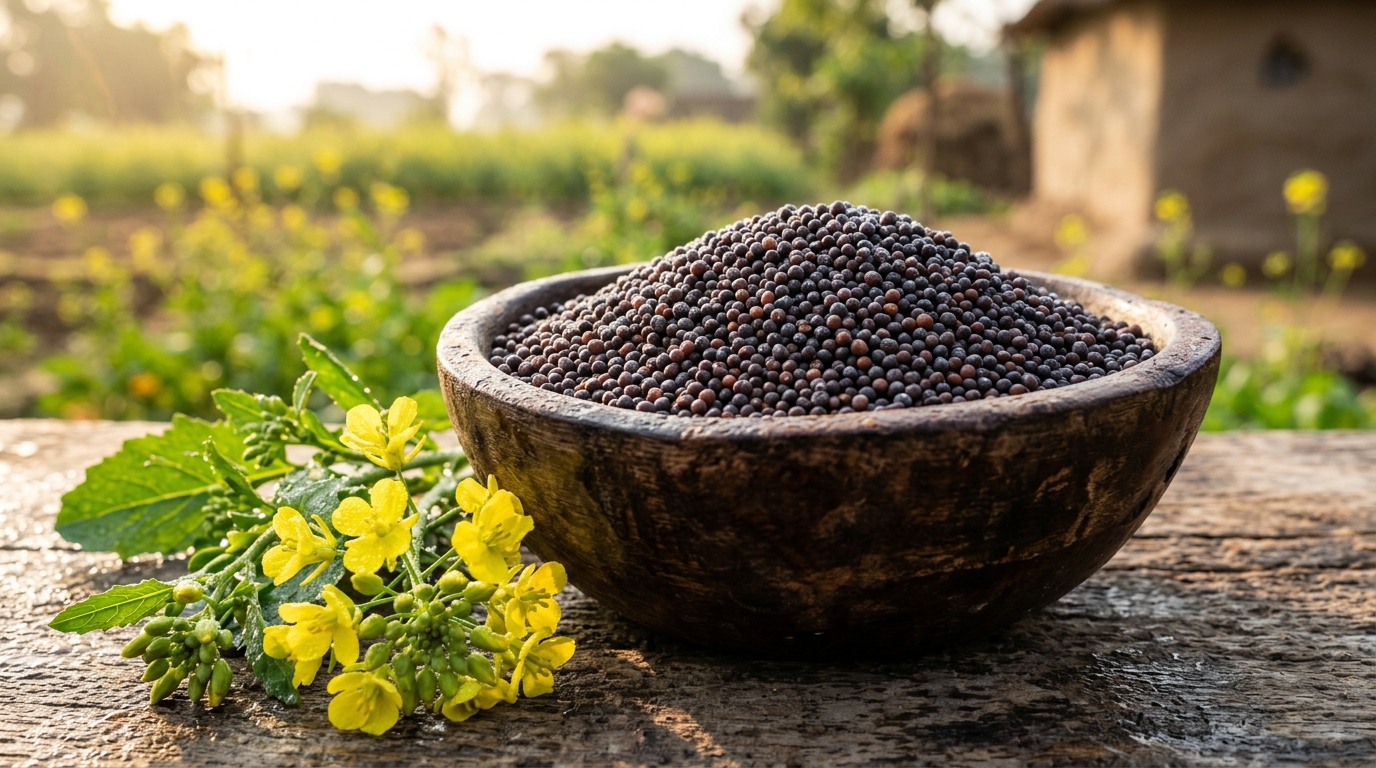 Selected mustard seeds in wooden bowl