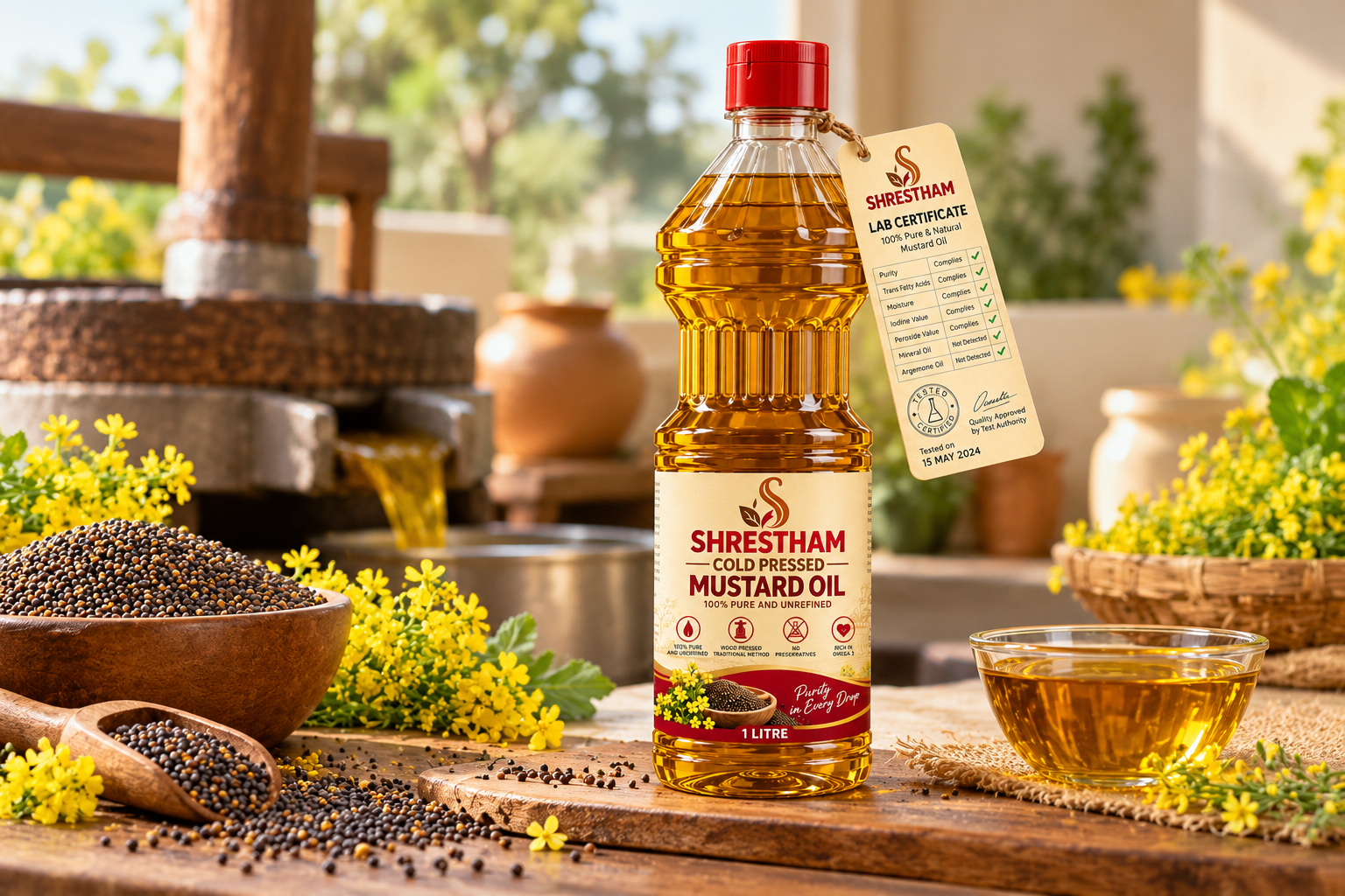 Shrestham Mustard Oil Bottle with Authentic Wood Press & Seeds
